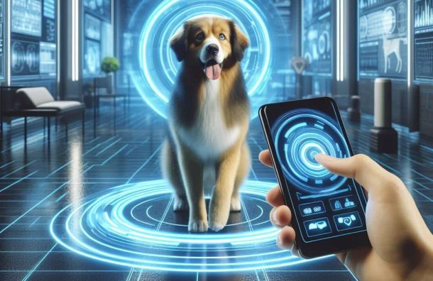Cachorro em um ambiente futurista sendo adestrado por um App de Celular